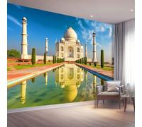 Papel Pintado Panorámico Tejido No Tejido 250 x 175 cm, Papel Tapiz Fotográfico Arquitectura Moderna Taj Mahal Piscina para Decoración de Dormitorio Sala de Estar - Azul Habitación Infantil Mural