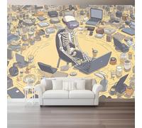 Papel Pintado Panorámico Tejido No Tejido 300 x 210 cm, Papel Tapiz Fotográfico Dibujos Animados Ciencia Ficción Esqueleto para Decoración de Dormitorio Sala de Estar - Albaricoque Infantil Mural