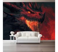 Papel Pintado Panorámico Tejido No Tejido 350 x 256 cm, Papel Tapiz Fotográfico Oscuro Fantasía Animales Dragones para Decoración de Dormitorio Sala de Estar - Negro Y Rojo Habitación Infantil Mural