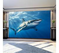Papel Pintado Panorámico tiburones oceánicos 450 x 315 cm Azul Fotomural Tejido No Tejido 3D para Salón o Dormitorio