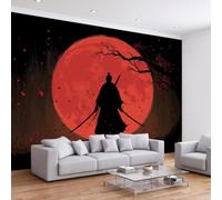 Papel pintado panorámico tradicional oscuro Samurai rojo luna, póster de pared estilo japonés 500 x 280 cm, papel pintado 3D para sala de estar, dormitorio infantil, decoración de pared de restaurante