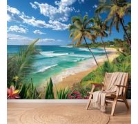 Papel pintado panorámico tropical frente al mar azul palmeras playa mar botánico 3D pared de diseño, tapiz fotográfico gigante para sala de estar, dormitorio infantil, decoración de pared, XXL sin
