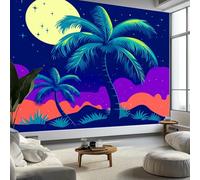 Papel Pintado Panorámico Tropical Palmera Montañas Cielo Nocturno, Papel Pintado Arte Fantástico para Dormitorio Salón Comedor - Decoración Mural Moderna Fondo Fotográfico Artístico 350An x 256Al cm