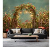 Papel pintado Panorámico Valla de madera linternas de setas 400 x 280 cm mural de pared, jardín fantástico no tejido de pared moderno - para salón dormitorio infantil restaurante papel pintado no