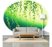 Papel pintado panorámico verde pálido 350 x 256 cm, Minimalista Campaña Botánica Hoja Sauce Mural Papel pintado - Verde Interior - Tableros para sala de estar Dormitorio Sala de Juego
