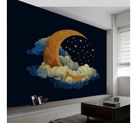 Papel Pintado Panorámico Vintage Nubes Luna, Papel Pintado No Tejido Estilo de Arte Fantástico para Dormitorio Salón Comedor - Decoración Mural Moderna Fondo Fotográfico Artístico 350An x 256Al cm