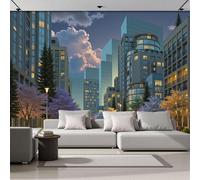 Papel Pintado Panorámico Vista De La Calle De La Ciudad Entrada De Árboles Para Edificios De Gran Altura 250x175cm Fotomurales Seda, Murales Decoración Póster Pared Personalizado 3D Azul