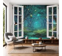 Papel Pintado Panorámico Vista Nocturna Cuento Hadas Papel Pintado Pared El Reino Secreto Bosque Luciérnagas Fotomurales de Seda Papel Tapiz Fotográfico Decorativos Pared para Dormitorio, 250x175cm
