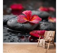 Papel pintado panorámico Zen Fotografía Gris Piedras Pétalos Gotas de agua 3D Mural Design, Tapiz fotográfico gigante para sala de estar, dormitorio infantil, decoración de pared, XXL sin tejer, 400 x