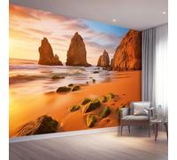 Papel pintado para niños, Costa Natural Puesta De Sol Rocas Mural De Moda Para Decoración De Habitación De Niños, 200 x 140 cm obra de arte grande papel pintado para adolescentes, Naranja