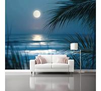 Papel pintado para niños, Costero Plantas Palmeras Luna Mural De Moda Para Decoración De Habitación De Niños, 400 x 280 cm obra de arte grande papel pintado para adolescentes, Azul