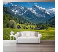 Papel Pintado Pared 250 x 175 cm - Naturaleza Campo Montaña Nevada Papel pintado Verde Mural de Arte Decoración para Comedores Salones Habitaciones Sala Cuarto Oficina Salón