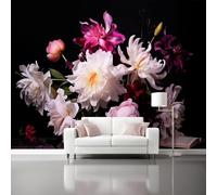 Papel Pintado Pared 350 x 256 cm - Retro Floral Peonía Papel pintado Negro Mural de Arte Decoración para Comedores Salones Habitaciones Sala Cuarto Oficina Salón