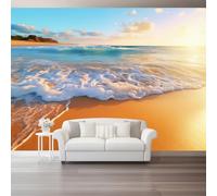 Papel Pintado Pared 3D 150 x 105 cm（WxH, Murales Playa Olas Puesta De Sol - Decoración de Pared para Sala de Estar Dormitorio Sofá Azul Respetuoso