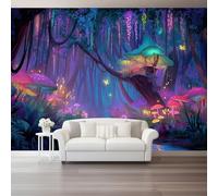Papel Pintado Pared 3D 200 x 140 cm（WxH, Murales Fantasía Arte Digital Bosque Setas - Decoración de Pared para Sala de Estar Dormitorio Sofá Púrpura Respetuoso