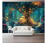 Papel Pintado Pared 3D 350 x 256 cm（WxH, Murales Onírico Bosque Setas Luciérnagas - Decoración de Pared para Sala de Estar Dormitorio Sofá Azul-Verde Respetuoso