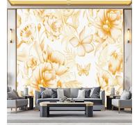 Papel Pintado Pared 3D 400 x 280 cm（WxH, Murales Arte Flores Mariposas Líneas Doradas - Decoración de Pared para Sala de Estar Dormitorio Sofá Blanco Respetuoso
