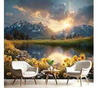 Papel Pintado Pared 3D Amanecer Sobre Paisaje De Montaña 400X280Cm Fotomurales Flores Lago, Amarillo-Verde Papel Tapiz Grande Murales Fotográfico Moderno Decoración De Pared Para Sala Dormitorio