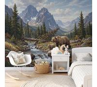 Papel Pintado Pared 3D Animales Salvajes Mural | Fotomural Arroyo Oso Pardo 250Anx175Al cm, Murales XXL Grandes, Decorativos para Pared, Comedores, Salón, Fondo de TV