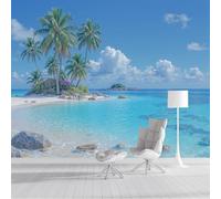 Papel Pintado Pared 3D Azul Blanco Isla Palm Fotomurales Tv Fondo Dormitorio Murales Paisaje Tropical Para Sala De Estar Pósteres Motivos De Restaurante De Oficina,250X170Cm