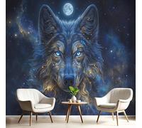 Papel Pintado Pared 3D Azul Dorado Lobo De La Luna Fotomurales Tv Fondo Dormitorio Murales Animales Fantásticos Para Sala De Estar Pósteres Motivos De Restaurante De Oficina,350X260Cm