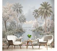 Papel Pintado Pared 3D Azul Pálido Palmeras En Flor Fotomurales Tv Fondo Dormitorio Murales Paisaje De Ensueño Para Sala De Estar Pósteres Motivos De Restaurante De Oficina,400X280Cm