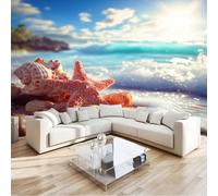 Papel Pintado Pared 3D Balneario Para Salón Pared Muebles, Fotomurales Océano Playa Estrellas De Mar Coral 350 X 256 Cm Moderno Dormitorio Murales Multicolor Para Niños Adolescentes Chico Chica