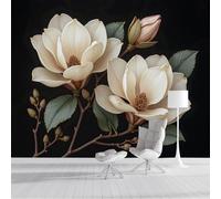 Papel Pintado Pared 3D Beige Flores Magnolia Con Hojas Verdes Fotomurales Tv Fondo Dormitorio Murales Plantas Pintura Al Óleo Para Sala Estar Pósteres Motivos Restaurante Oficina,300X210Cm