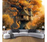 Papel Pintado Pared 3D, Casa Árbol Cuento Hadas Papels Tapiz, Otoño Hojas Bosque Tejido No Tejido Fotográfico, Amarillo Fotomurales Papel Pintado Pared Dormitorio Murales Wallpaper 250×175cm