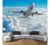 Papel Pintado Pared 3D Cielo Azul Y Nubes Blancas Papels Tapiz, Avión Comercial Tejido Seda,Azul Fotomurales 3D Papel Pintado Pared Dormitorio Murales Wallpaper 200 × 140 Cm