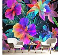 Papel Pintado Pared 3D Colores Del Arcoíris Flores Hojas De Palma Fotomurales Tv Fondo Dormitorio Murales Fantasía Tropical Para Sala De Estar Pósteres Motivos De Restaurante De Oficina,400X280Cm