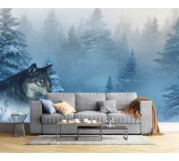 Papel Pintado Pared 3D Escena De Bosque Invernal Papels Tapiz, Animales Salvajes Lobo Tejido Seda,Azul Fotomurales 3D Papel Pintado Pared Dormitorio Murales Wallpaper 450 × 315 Cm