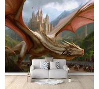 Papel Pintado Pared 3D Fantasía Épico Dragón Castillo Majestuoso Verde, Fotomural 400 x 280 cm Mural Fotográfico Moderno para Dormitorio, Salón y Fondo de TV, Decoración de Paredes Grande