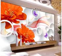 Papel Pintado Pared 3D Flores Rosas Rojas Círculos De Mariposas Fotomurales 3D Papel Tapiz Moderno Murales Dormitorio -ZX03909-250x175cm