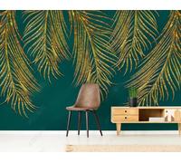 Papel Pintado Pared 3D Hojas Abstractas En Relieve Dorado Fotomurales 3D Papel Tapiz Moderno Murales Dormitorio -ZX03793-300x210cm