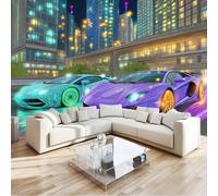 Papel Pintado Pared 3D Moderno Coche Deportivo Urbano Ciudad Dinámico Verde Neón, Fotomural 300 x 210 cm Mural Fotográfico Moderno para Dormitorio, Salón y Fondo de TV, Decoración de Paredes Grande