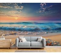 Papel Pintado Pared 3D Naranja-Azul Playa De Las Estrellas De Mar Fotomurales Tv Fondo Dormitorio Murales Paisaje Al Atardecer Para Sala De Estar Pósteres Motivos De Restaurante De Oficina,350X260Cm