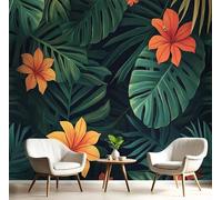 Papel Pintado Pared 3D Naranja Verdoso Flores Y Hojas Fotomurales Tv Fondo Dormitorio Murales Plantas Tropicales Para Sala De Estar Pósteres Motivos De Restaurante De Oficina,400X280Cm