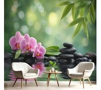 Papel Pintado Pared 3D, Natural Guijarros Papels Tapiz, Zen Orquídea Tejido No Tejido Fotográfico, Verde Fotomurales Papel Pintado Pared Dormitorio Murales Wallpaper 352×250cm