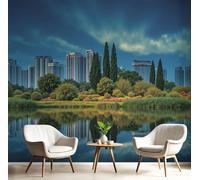 Papel Pintado Pared 3D Paisaje Urbano Lacustre 400X280Cm Fotomurales Bosque Natural, Azul-Verde Papel Tapiz Grande Murales Fotográfico Moderno Decoración De Pared Para Sala Dormitorio