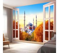 Papel Pintado Pared 3D Paisajes De Ensueño Árboles Edificios, Azul Marrón Naranja Mural Autoadhesivo 400 x 280 cm（WxH Adhesivo Muebles Autoadhesivo Papeles Pintados Baño para Salón Pasillo