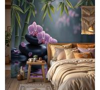 Papel Pintado Pared 3D Papel Tapiz 200x140cm Orquídeas Guijarros Fotomurales TV Fondo Pared Dormitorio Murales Papels Tapiz Estilo Zen Oriental, Rosa