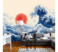 Papel Pintado Pared 3D Papel Tapiz 250x175cm Olas Del Océano Monte Fuji Sol Rojo Fotomurales TV Fondo Pared Dormitorio Murales Papels Tapiz Estilo Japonés Ukiyo-E, Azul