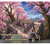 Papel Pintado Pared 3D Papel Tapiz 350x256cm Cerezo En Flor Escalones De Piedra Fotomurales TV Fondo Pared Dormitorio Murales Papels Tapiz Estilo Anime Japonés, Rosa