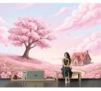 Papel Pintado Pared 3D Papel Tapiz 350x256cm Cerezos En Flor Casas De Campo Fotomurales TV Fondo Pared Dormitorio Murales Papels Tapiz Curación Al Estilo De Los Cuentos De Hadas, Rosa