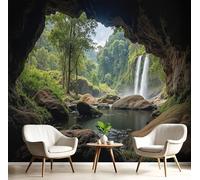 Papel Pintado Pared 3D Papel Tapiz Diseño Cueva Oscura Fotomurales 3D,Tv Fondo Pared Dormitorio Murales Papels Tapiz Paisaje Natural Cascada En La Selva,300 × 210 cm