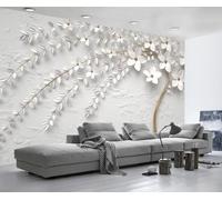 Papel Pintado Pared 3D Papel Tapiz Efecto Relieve Flores Blancas Fotomurales 3D Moderno Dormitorio Murales -KX28789, 430x300cm