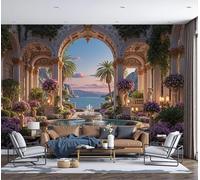 Papel Pintado Pared 3D Papel Tapiz Flores De La Fuente Del Pórtico Estilo Clásico Europeo Púrpura Fotomurales Tv Fondo Pared Dormitorio Murales Papels Tapiz Moderno 200x140cm
