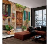 Papel Pintado Pared 3D Papel Tapiz Mar Mediterráneo Ciudad Antigua Patio Plantas En Macetas, Fotomurales 250x175 cm Tv Fondo Pared Dormitorio Murales Moderno Decoración Comedores Salones Habitaciones