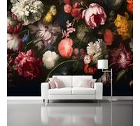 Papel Pintado Pared 3D Papel Tapiz Plantas Retro Negro Tulipanes Claveles Fotomurales 3D Tv Fondo Pared Dormitorio Murales Papel Tapiz Moderno